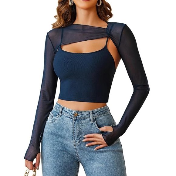 Navy Blue Long Sleeve Mesh Crop Top Solid Cover Up with Spaghetti Strap Cami Top - Picture 1 of 3